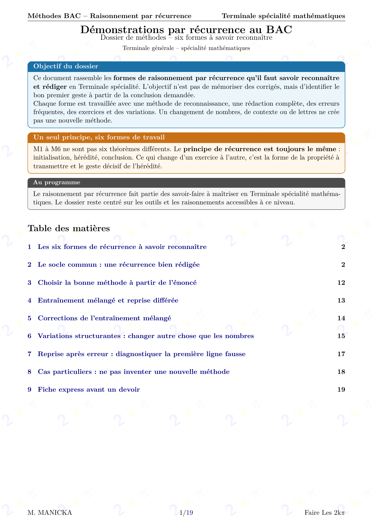 Méthodes BAC — Raisonnement par récurrence — page 1 sur 19